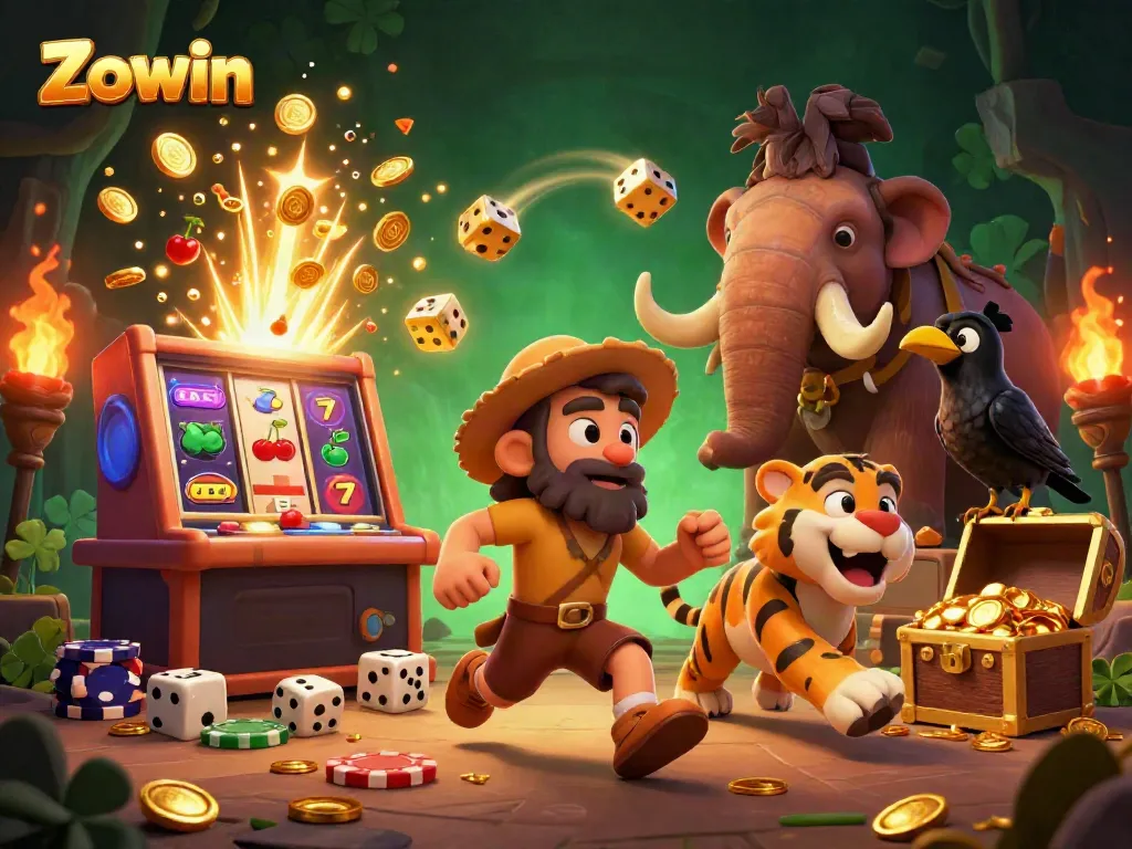 Experience thrilling gaming action at Zowin in a vibrant, ultra-detailed casino illustration.