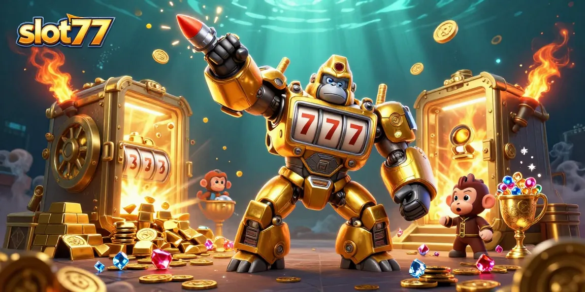 Experience thrilling wins with slot777 in a vibrant 3D casino illustration showcasing golden gorilla mech and treasures.