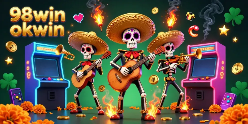 Engage with exciting 98win okwin gaming action featuring a lively Dia de los Muertos mariachi band amidst vibrant casino elements.