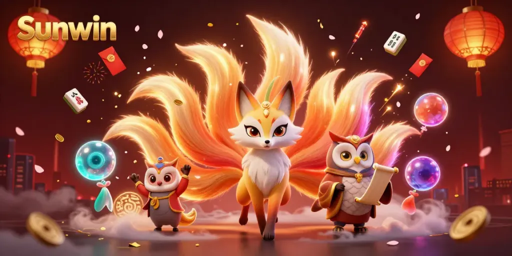 Experience vibrant gaming excitement at Sunwin with a glowing nine-tailed fox, a wise owl, and festive decorations.