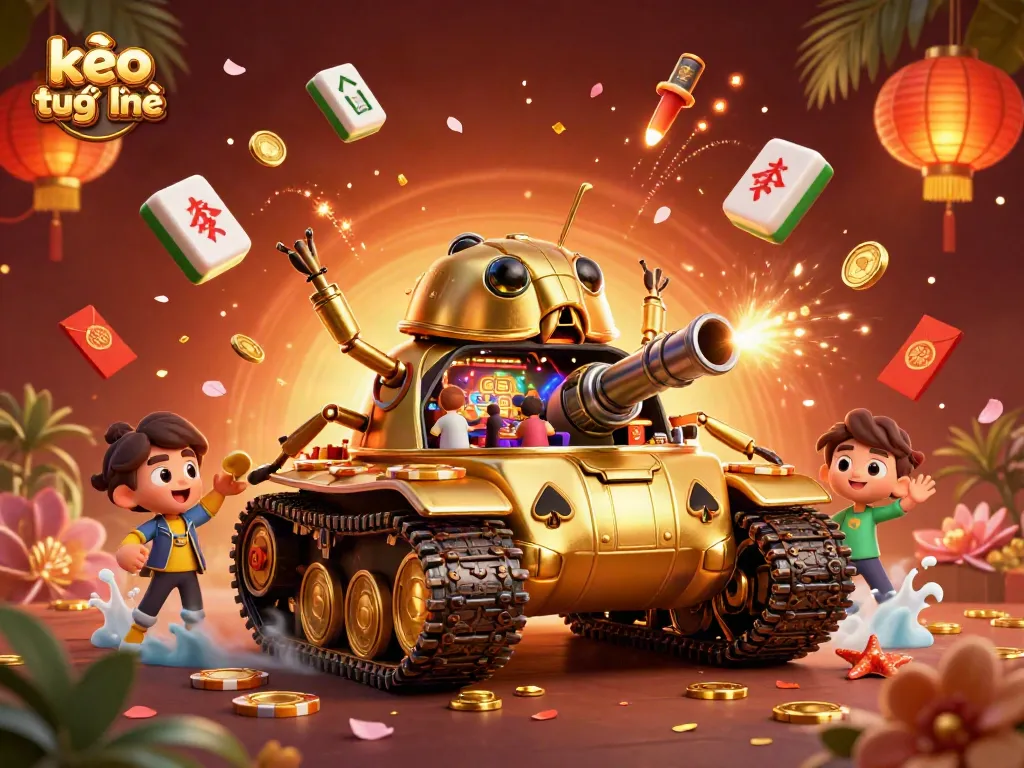 Engage with kèo trực tuyến in a vibrant 3D casino scene featuring golden beetle tank and festive decorations.