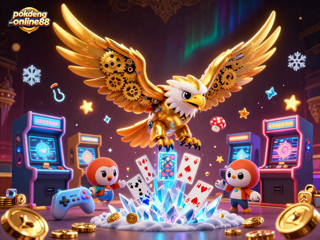 Experience thrilling gameplay with pokdeng-online88, featuring an eagle amidst holographic cards and arcade elements.