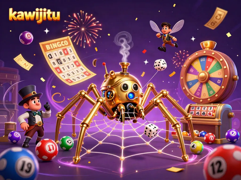 Engage in the world of kawijitu, featuring a steampunk spider catching dice amidst a lively casino backdrop.