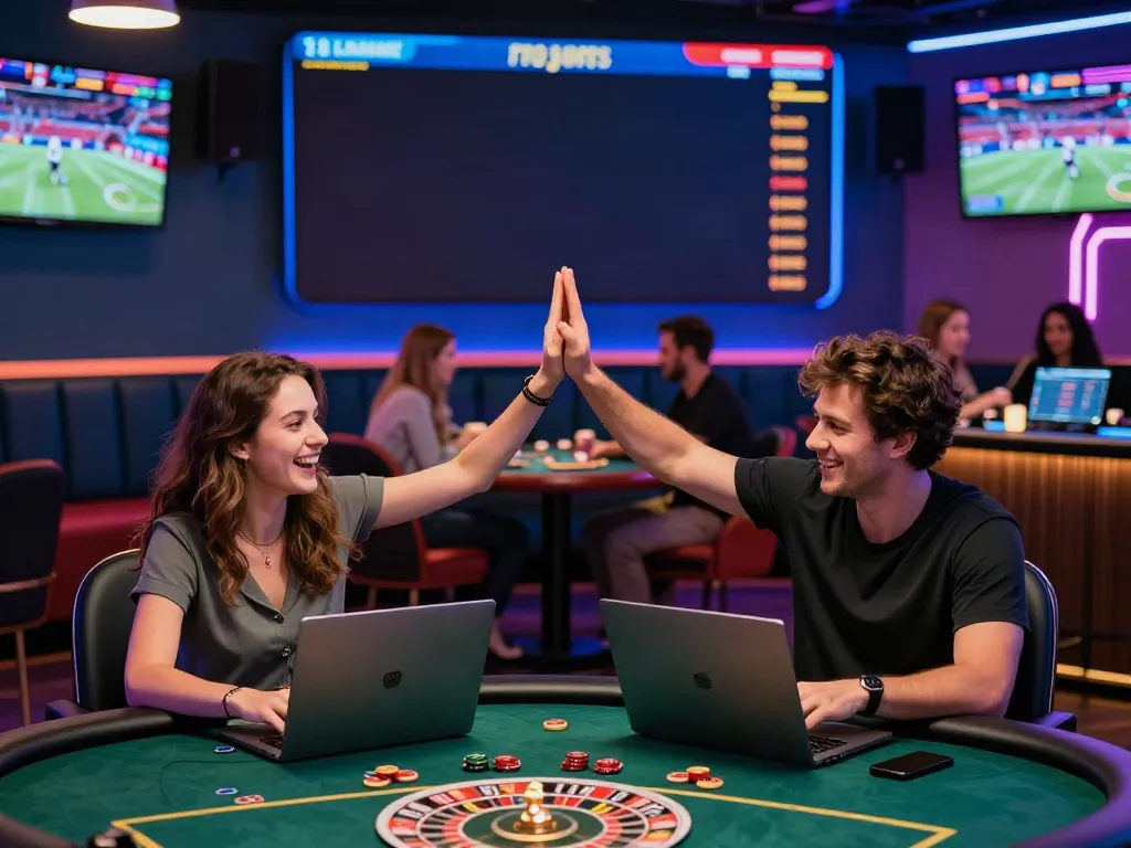 Engaging gaming scene showcasing a group of online gamblers at FB88 celebrating a big win in a vibrant casino environment.