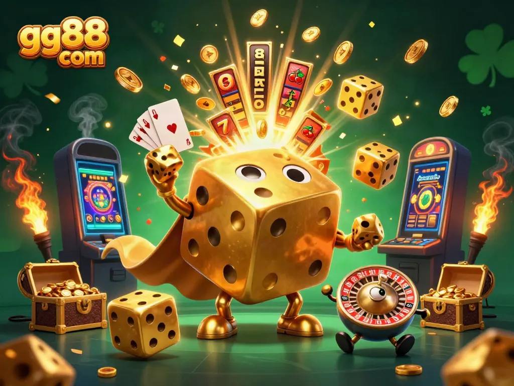 Experience the excitement of gg88 com with a golden dice golem surrounded by casino elements, showcasing jackpot delights.