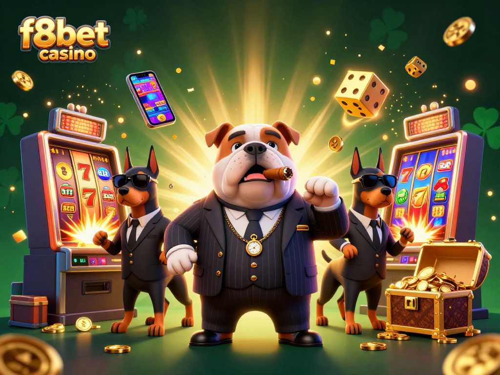 Experience the excitement of f8bet casino with a vibrant slot machine scene featuring a mafia bulldog and bodyguards.