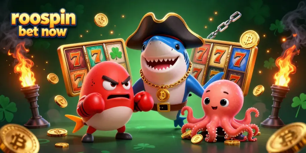 Join the excitement to roospin bet now with cartoon characters in a vibrant casino scene.
