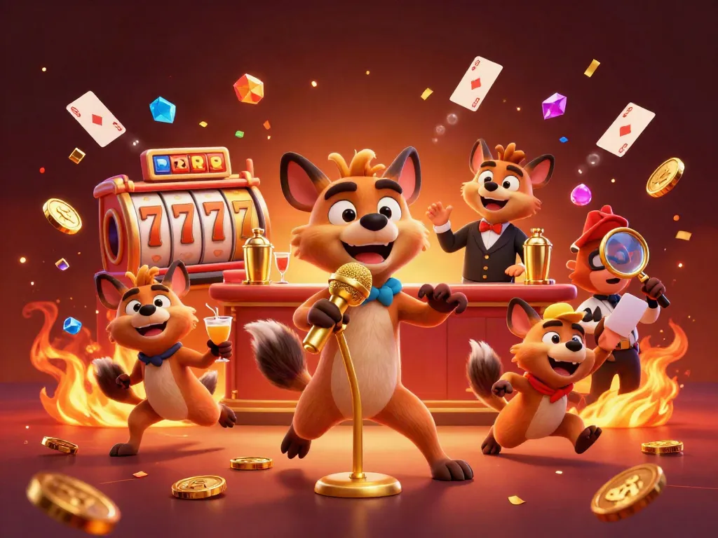 ee88 hyenas run a comedy casino club with drinks and jokes, lively and colorful.