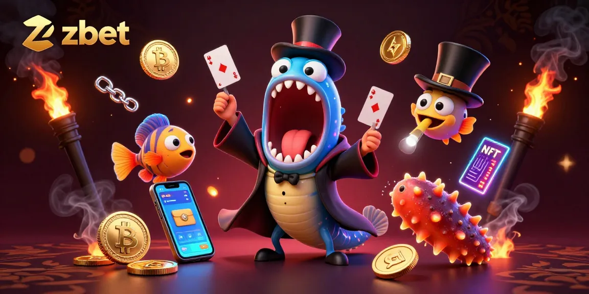 Experience zbet's thrilling magic act with vibrant crypto elements and engaging casino characters.