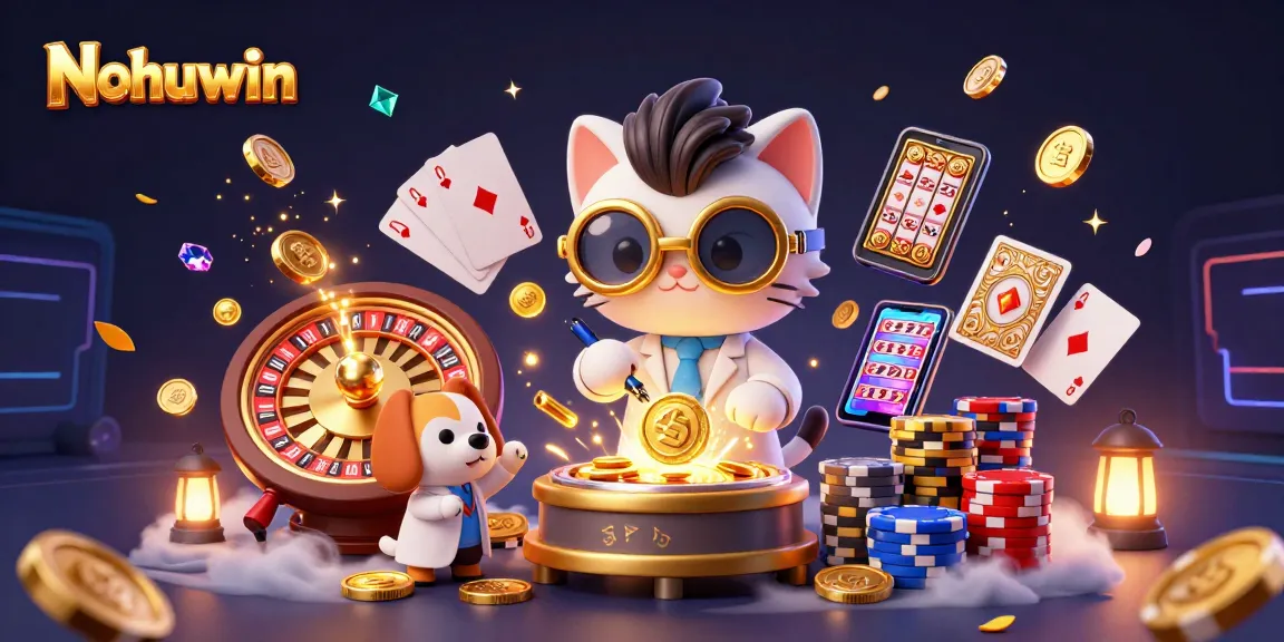Nohuwin promotes an action-packed casino atmosphere with flying coins and a dynamic scene.