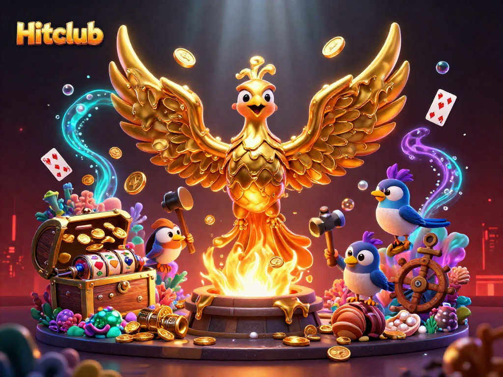 Hitclub showcases a golden phoenix soaring with coins amidst vibrant underwater slot elements, capturing excitement.