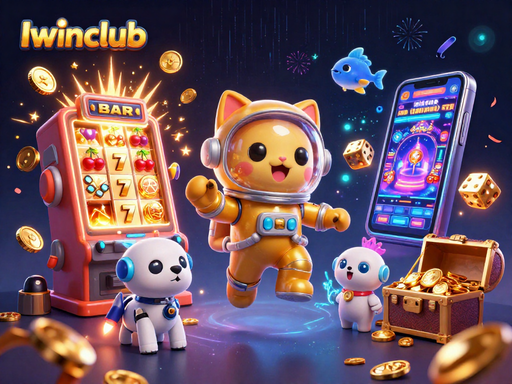 Iwinclub offers a vibrant scene with an astronaut cat and casino elements, showcasing exciting gambling action.