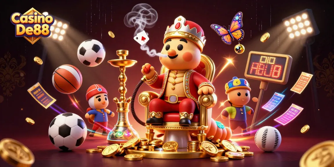 Casino De88 showcases a vibrant 3D scene featuring a caterpillar hookah-master amidst dynamic sports elements.