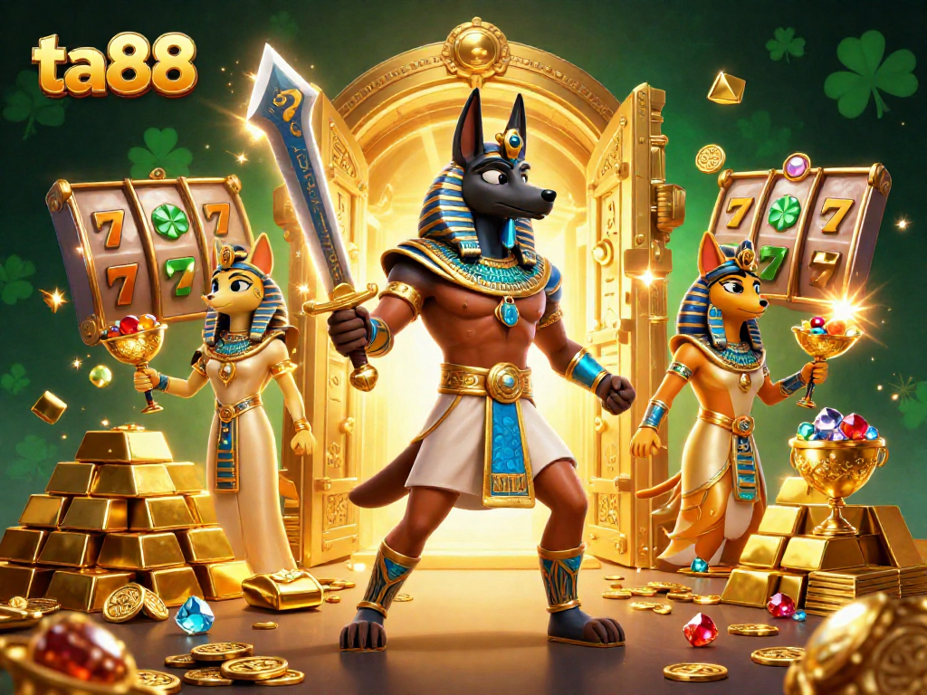 Experience jackpot thrills with ta88's vibrant Egyptian-themed casino scene featuring Anubis and treasures.