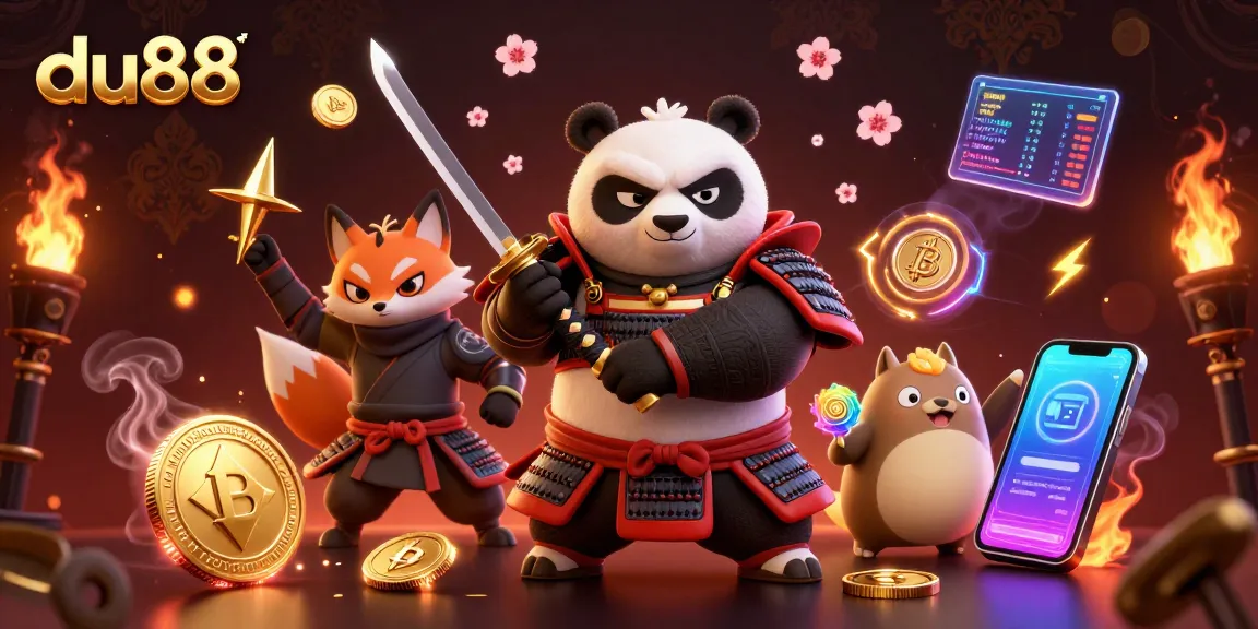 Engage with du88's casino adventure featuring samurai panda and ninja fox amidst vibrant crypto elements.