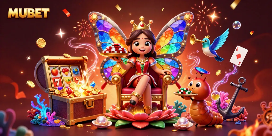 MUBET showcases a vibrant casino scene with a butterfly queen, chip-bearing caterpillars, and colorful slot elements.