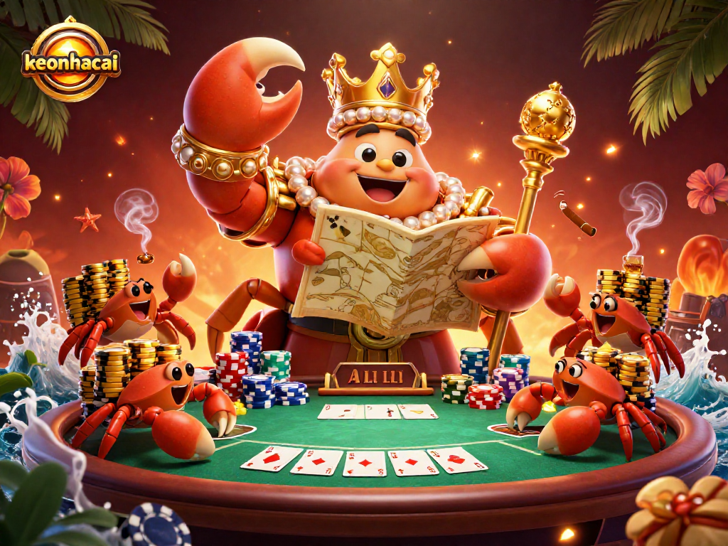 Play keonhacai for thrilling poker action with a golden crab emperor and vibrant casino elements.