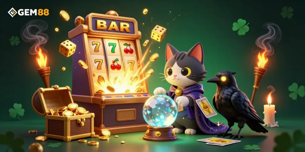 Experience the excitement of GEM88 with a mystical cat and fortune-telling raven in a rich casino setting.