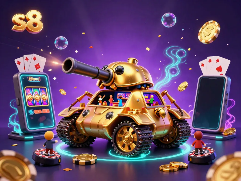Spin colorful slots at S8, featuring a vibrant 3D casino scene with a golden beetle tank.