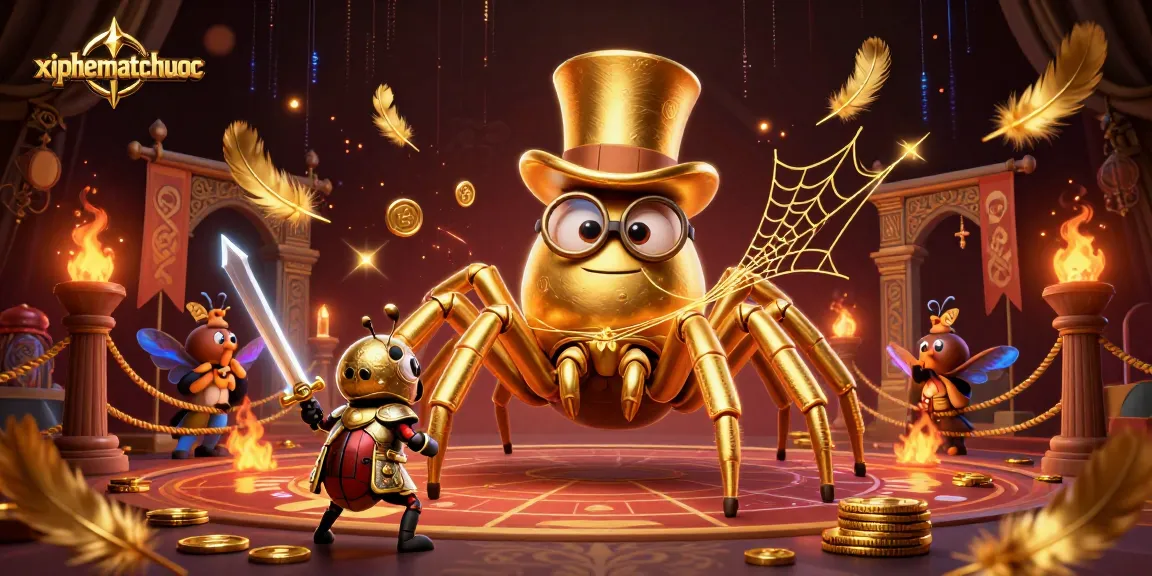 Engage in the thrilling xiphematchuoc experience with a dynamic 3D illustration featuring a golden tarantula, a beetle knight, and vibrant gaming elements.