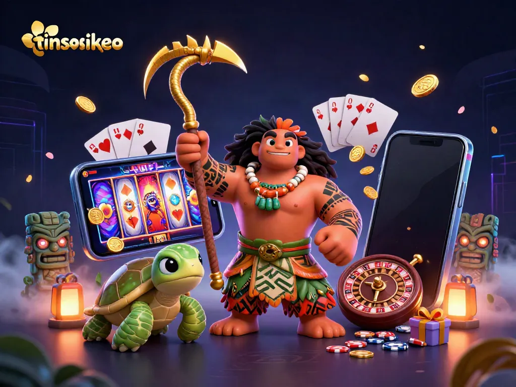 Engaging tinsoikeo 3D illustration featuring a demigod hawk, turtle, and casino elements.