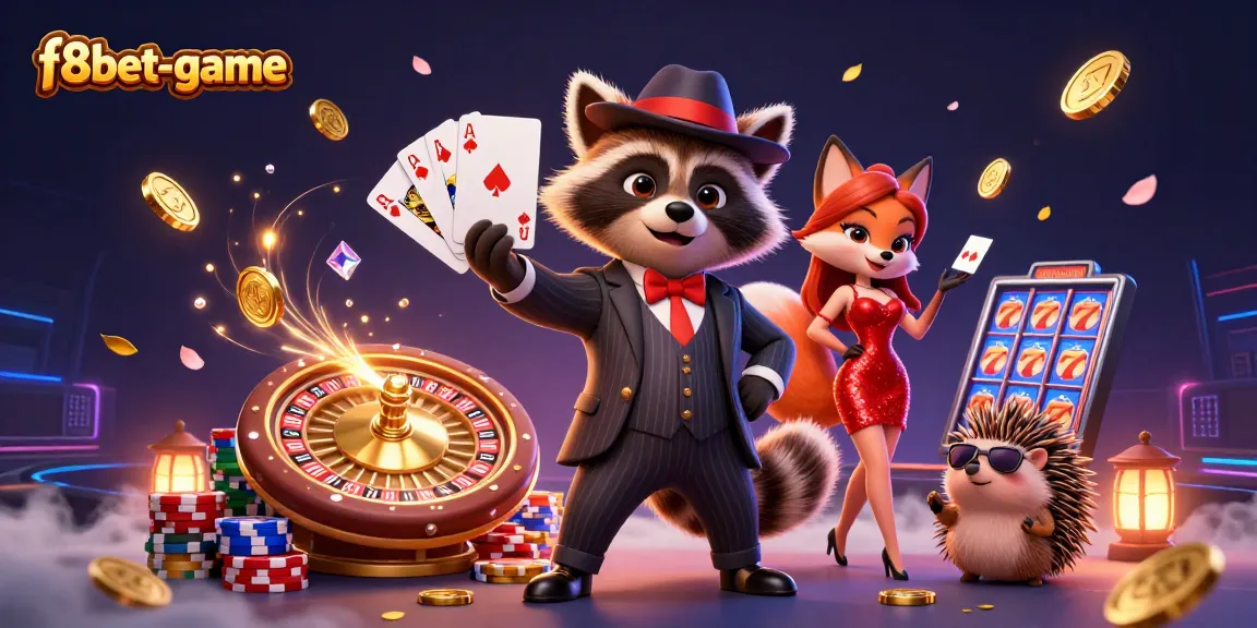 Experience the thrilling f8bet-game with a charming raccoon and friends in an action-packed casino scene.