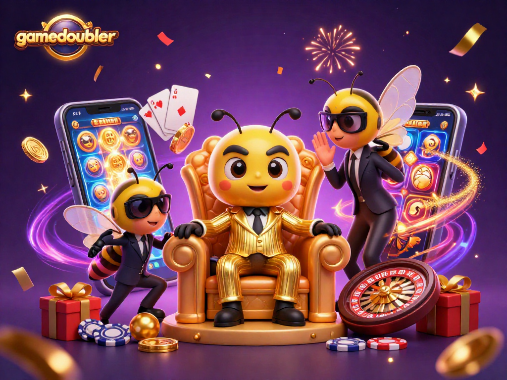 Experience exciting games at gamedoubler with a vibrant illustration of casino elements and characters.