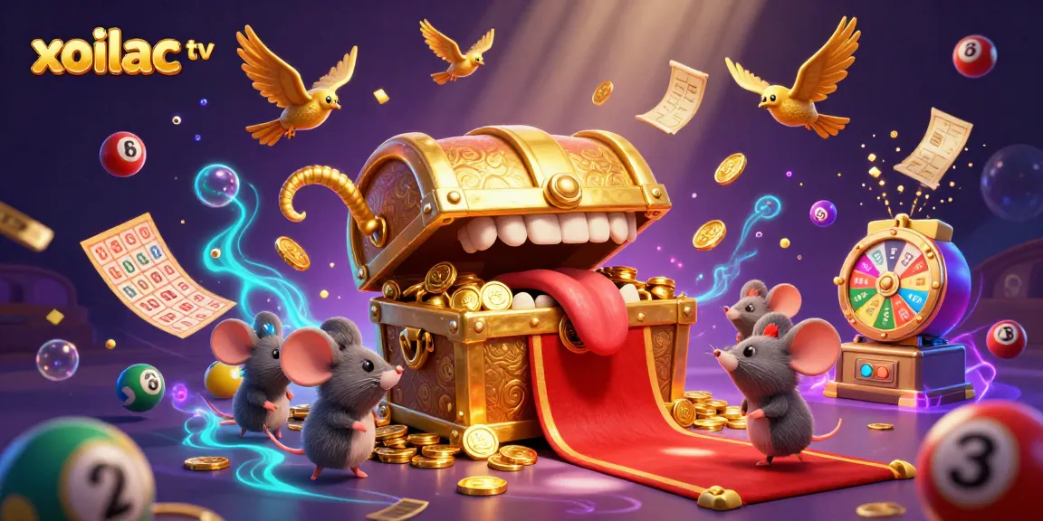 Xoilac TV captures the excitement of gambling with vibrant illustrations of treasure chests, lottery games, and more.