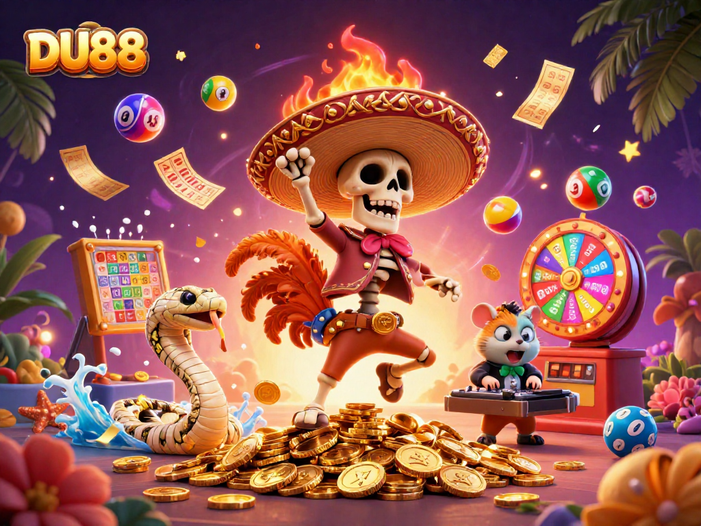 DU88 offers an exciting scene with a skeleton rooster, mummy snake, and DJ hamster celebrating lottery wins!