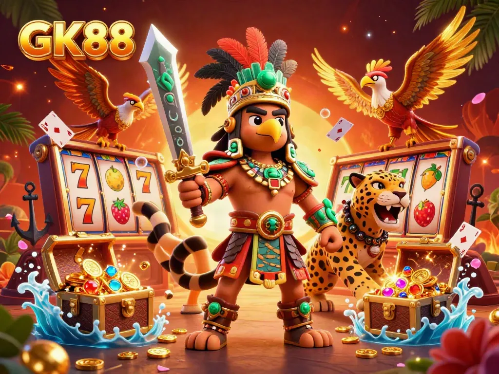 Experience thrilling action with GK88, featuring a dynamic casino scene of warriors and slot elements.
