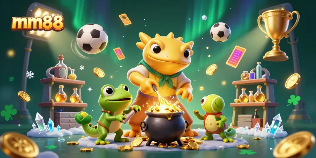 Experience immersive sports betting with mm88, featuring vibrant digital alchemy and golden coins.