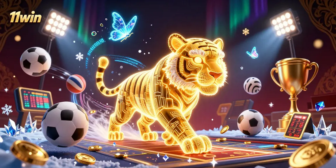Experience thrilling gameplay with 11win's vibrant casino atmosphere featuring a golden tiger and flying sports elements.