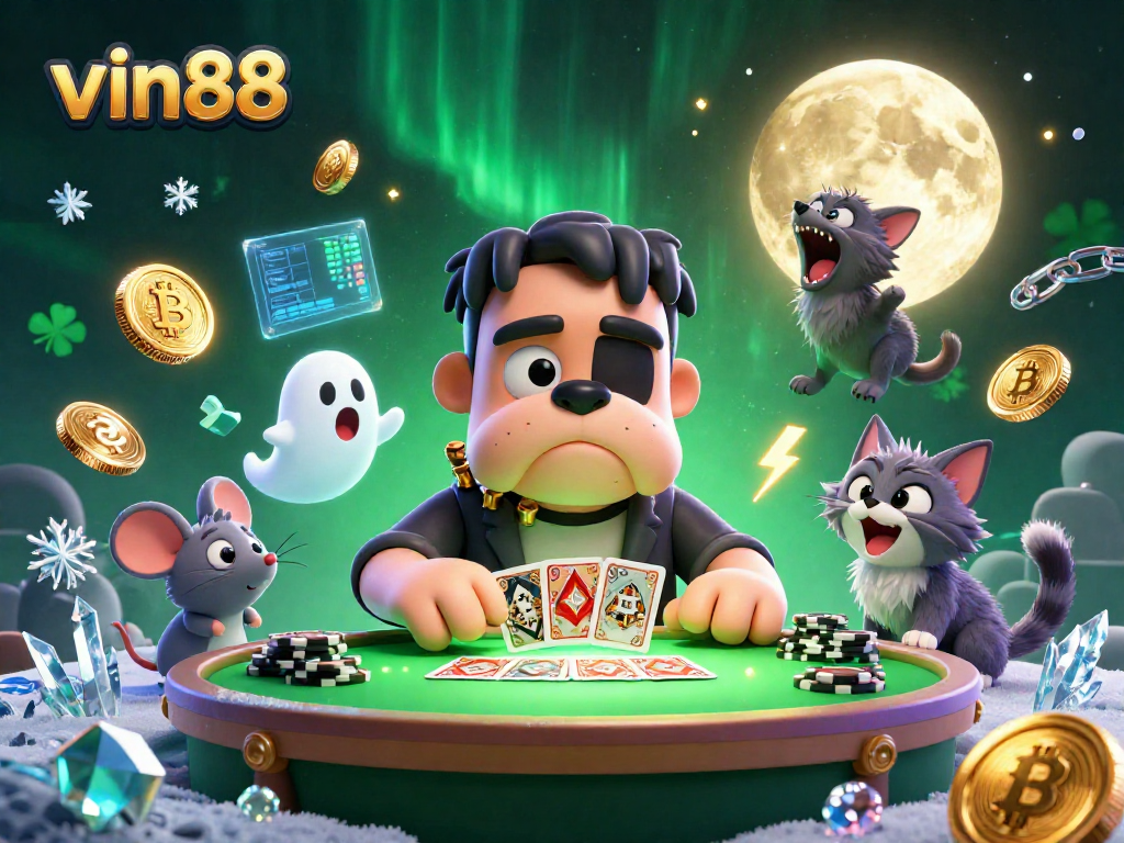 Play cards with vin88's thrilling 3D cartoon characters, showcasing vibrant casino action.