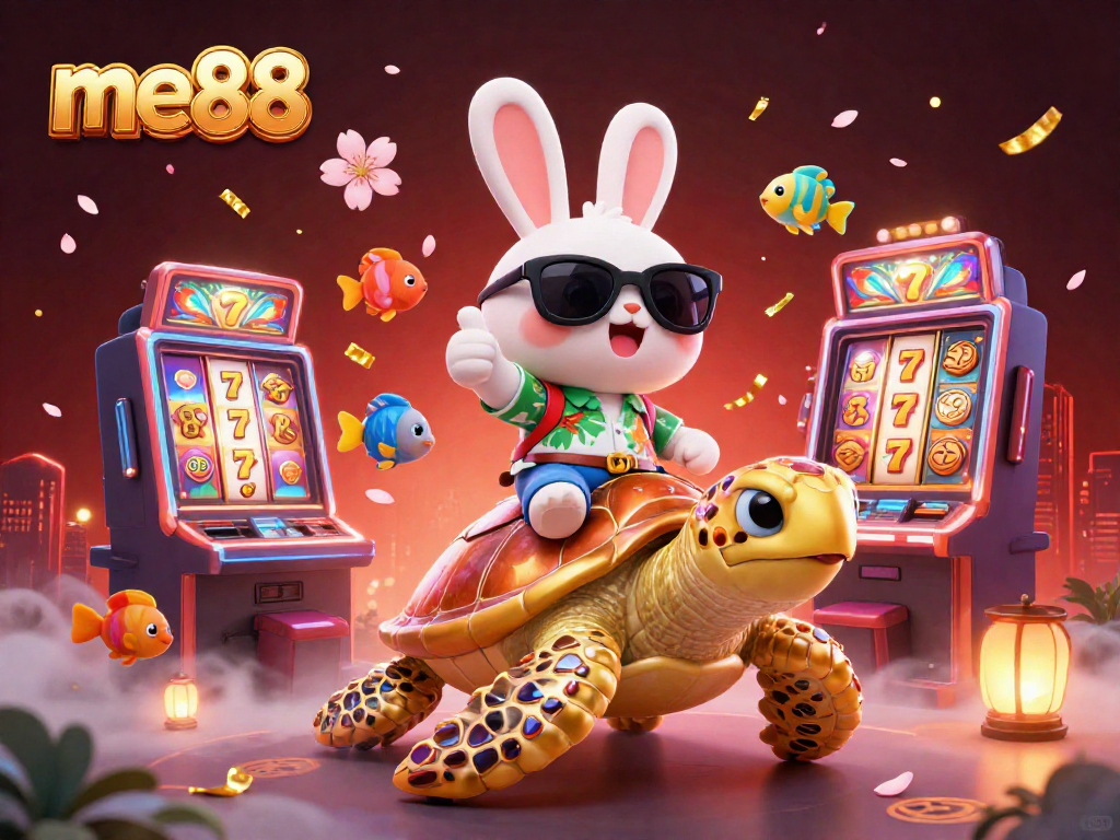 Play thrilling slots at me88 with a lucky rabbit and sea turtle in a vibrant casino scene.
