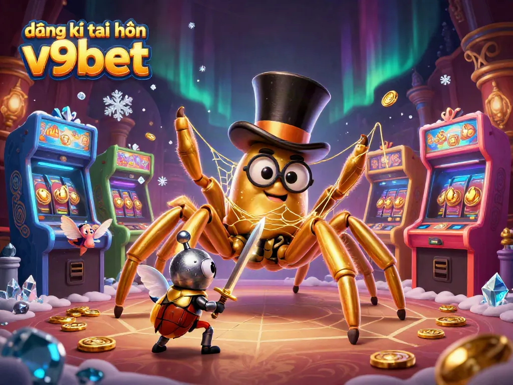Engage in đăng ký tài khoản v9bet with a colorful 3D casino world featuring a golden tarantula and beetle knight.