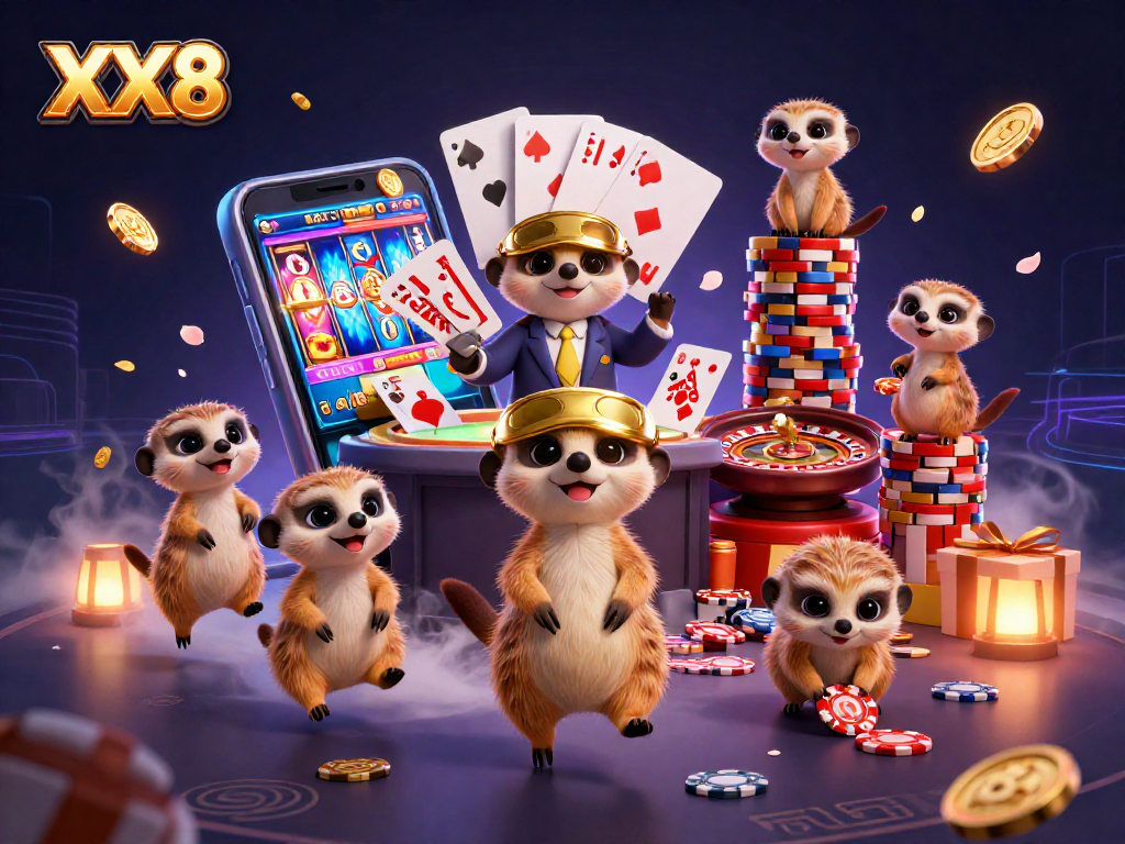 Experience the thrill of winning at XX8 with playful meerkats in a vibrant digital casino.