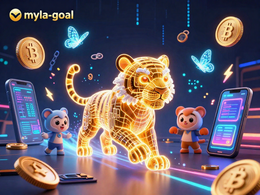 Experience the exciting digital casino world with myla-goal's glowing characters and vibrant cryptocurrency elements.