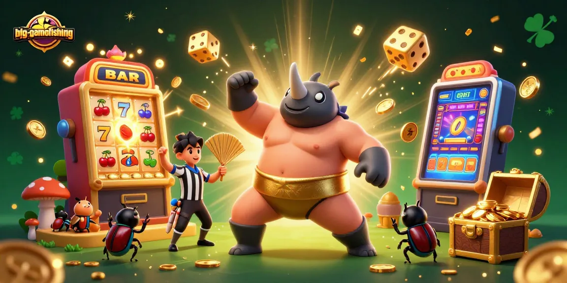 Engage in big-gamefishing with a thrilling 3D scene of a sumo beetle champion amidst casino action.