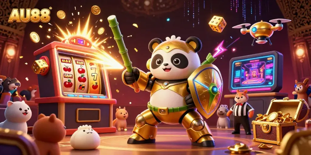 Join the action at AU88 with a golden panda in a fighting robot amidst slot machines and cheering crowds.