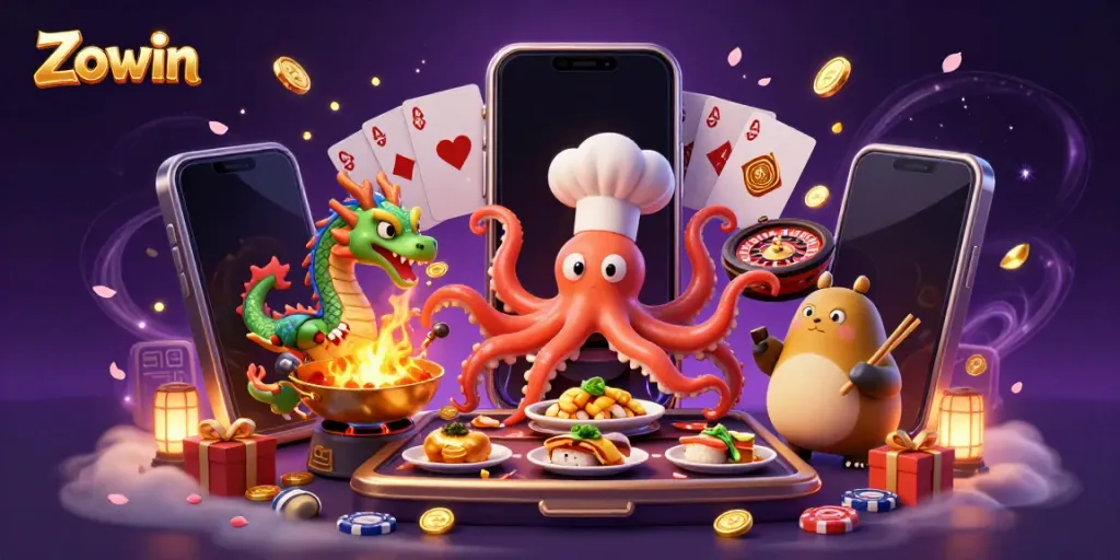 Engage with Zowin's vibrant casino scene featuring a sushi chef octopus and dynamic gaming elements.