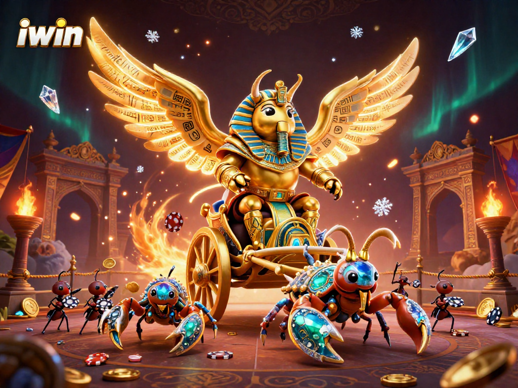 Experience the thrill of iwin with a vibrant casino scene featuring a colossal golden scarab beetle.