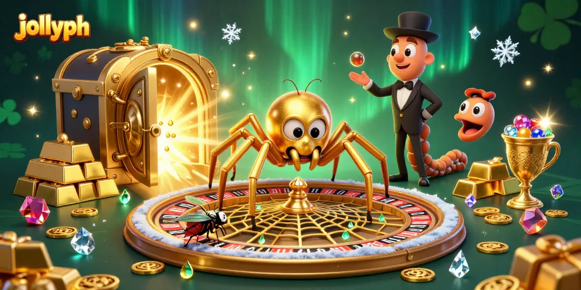 Experience thrilling bets at jollyph with a golden spider spinning a roulette wheel web.