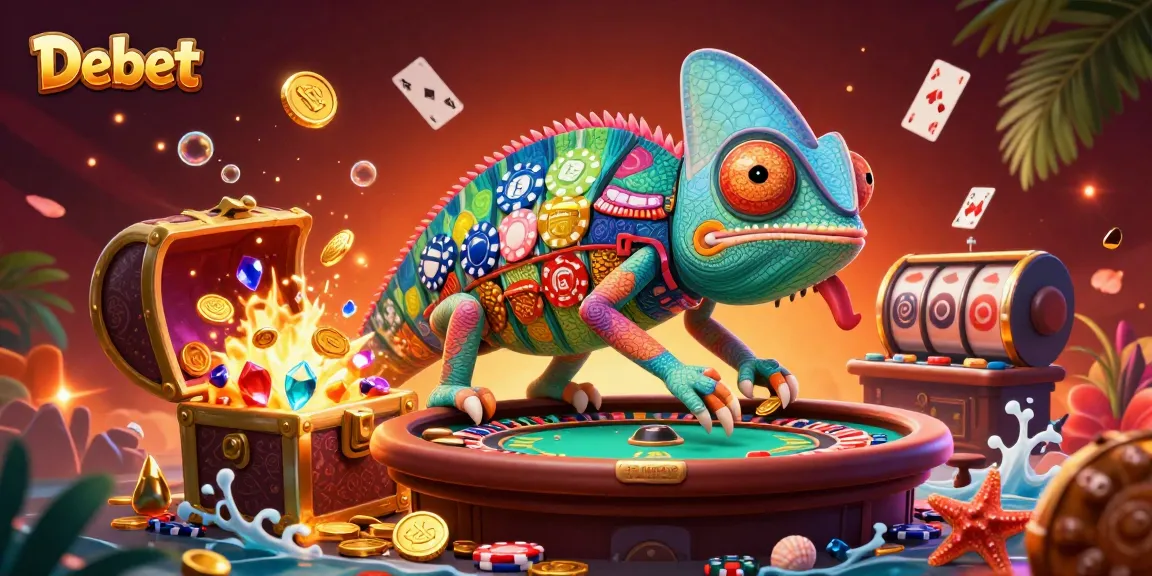 Experience the Debet casino excitement with an artistically rendered chameleon and dynamic gaming elements.