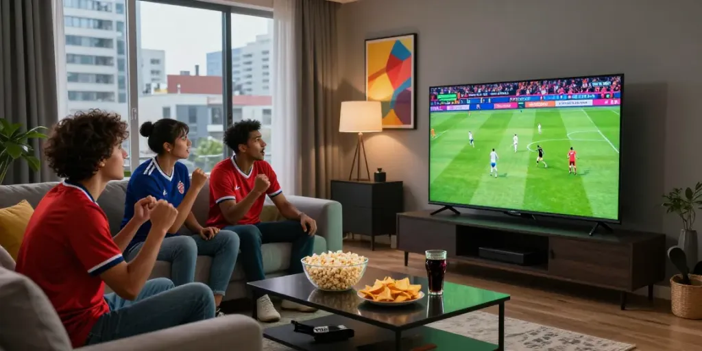 Fans enjoying a thrilling football match on Gavangtv in a cozy living room, showcasing excitement and camaraderie among friends.
