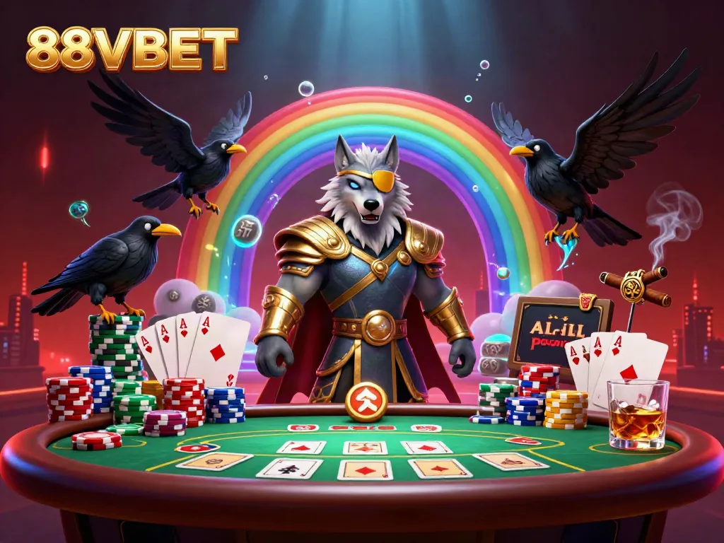 Engage in the fantasy world of 88VBET, featuring Odin and his ravens amidst a vibrant casino scene.