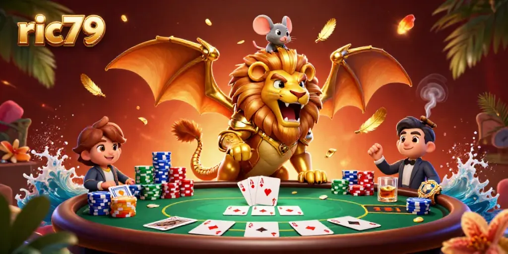 Experience the excitement of ric79 with a roaring chimera and poker elements in action.