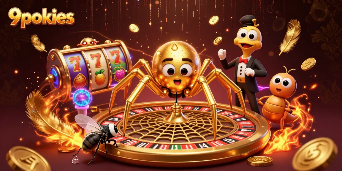 9pokies scene with a golden spider and centipede croupier amidst slot reels and betting tokens