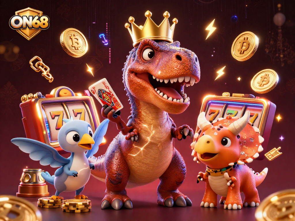 Experience the thrill of ON68 with a T-Rex card game scene filled with slots and crypto elements.