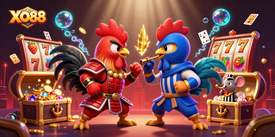 Engage with XO88 in an exciting battle between samurai and ninja roosters amidst vibrant casino elements and treasures.