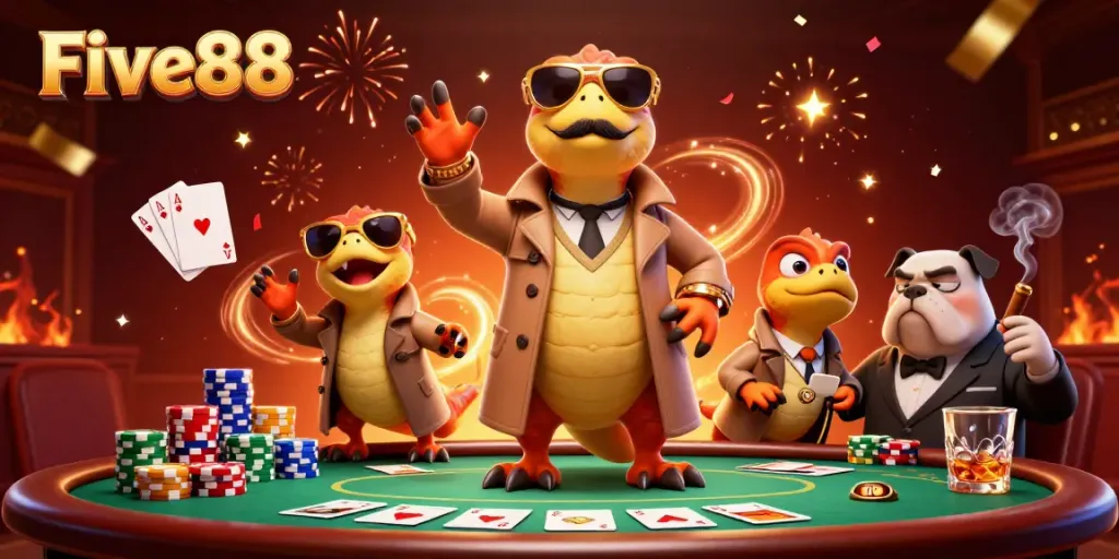 Experience excitement at Five88 with raptors in a trench coat entering a casino VIP lounge.